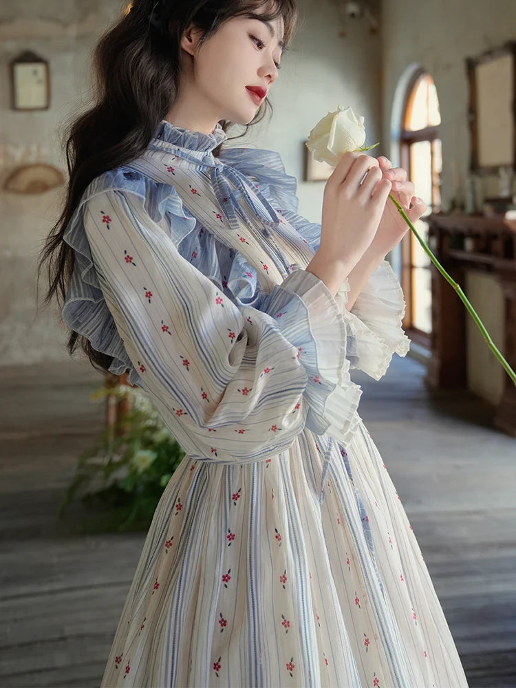 Vintage Ruffled Stand Collar Tea Dress
