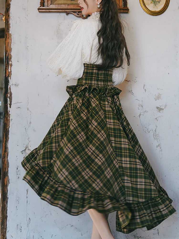 Light Academia Vintage Blouse & Plaid Skirt