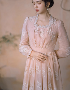 Period Drama Style High Waist Embroidery Vintage Dress