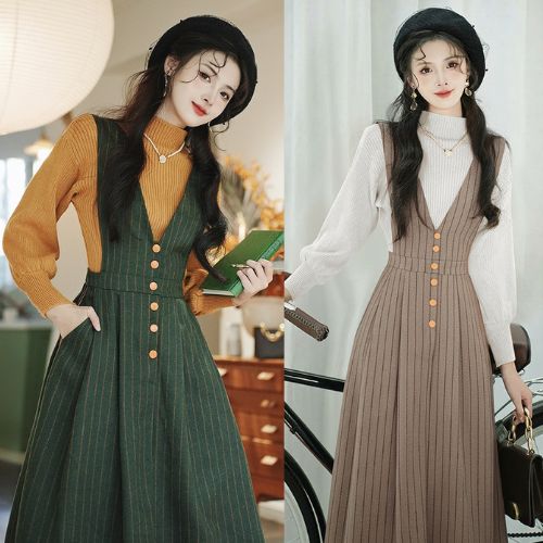 Retro Parisian Knit Top & Pinafore Dress Set Green / L I Retro Fairy Retro Parisian Knit Top & Pinafore Dress Set Green / L I Retro Fairy