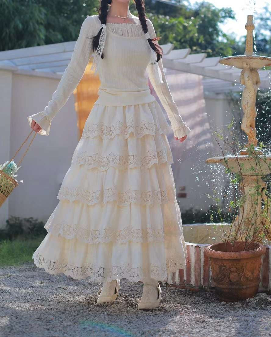 Vintage Knit top Lace Cake Skirt Set