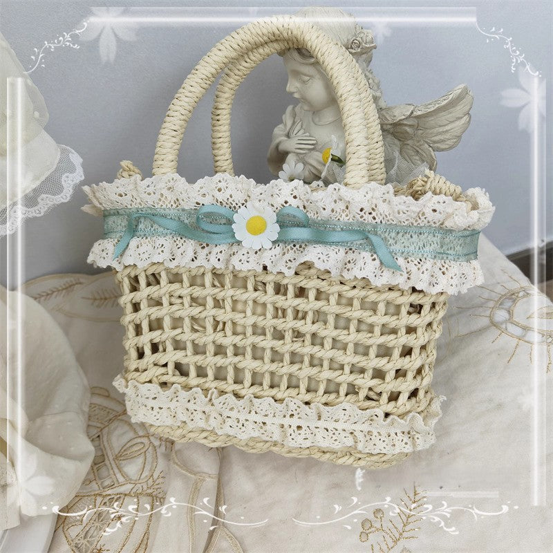 Retro Cottagecore Flower Embellished Straw Bag