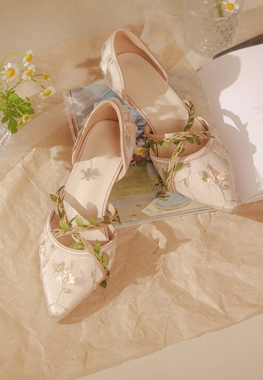 Vintage Colorful Kitten Heels Fairycore Vine Embroidery Kitten Heel