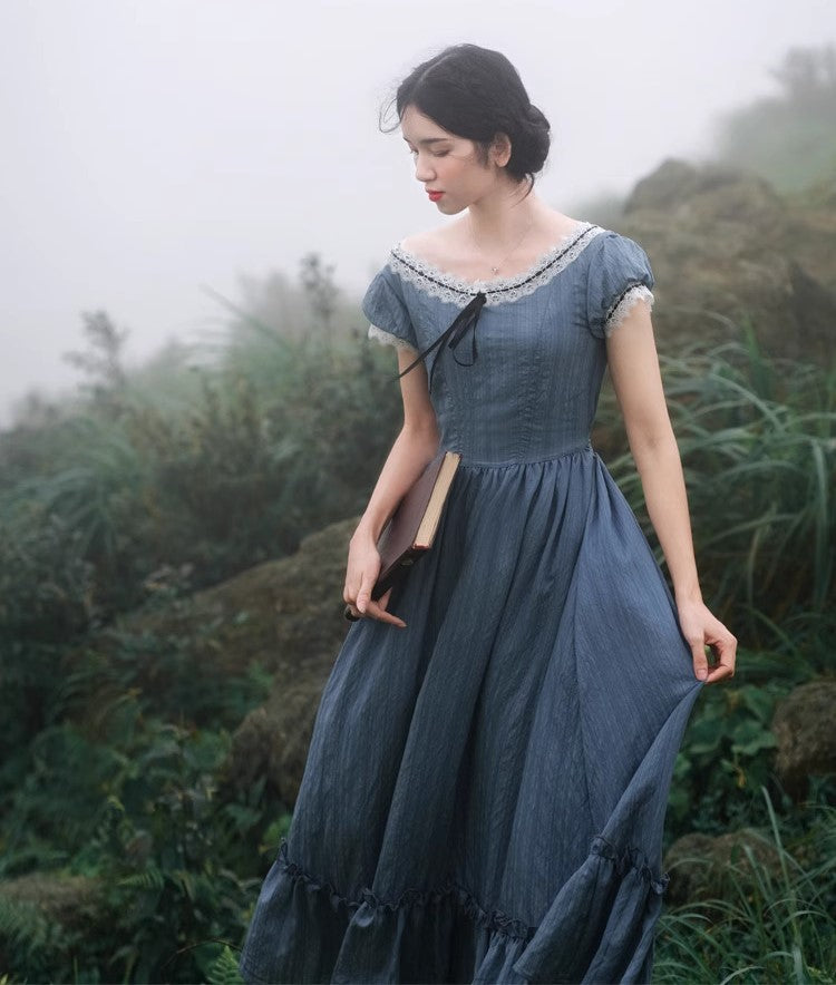 Period Drama Inspired Vintage Blue Prairie Dress - Black / M Period Drama Inspired Vintage Blue Prairie Dress - Black / M