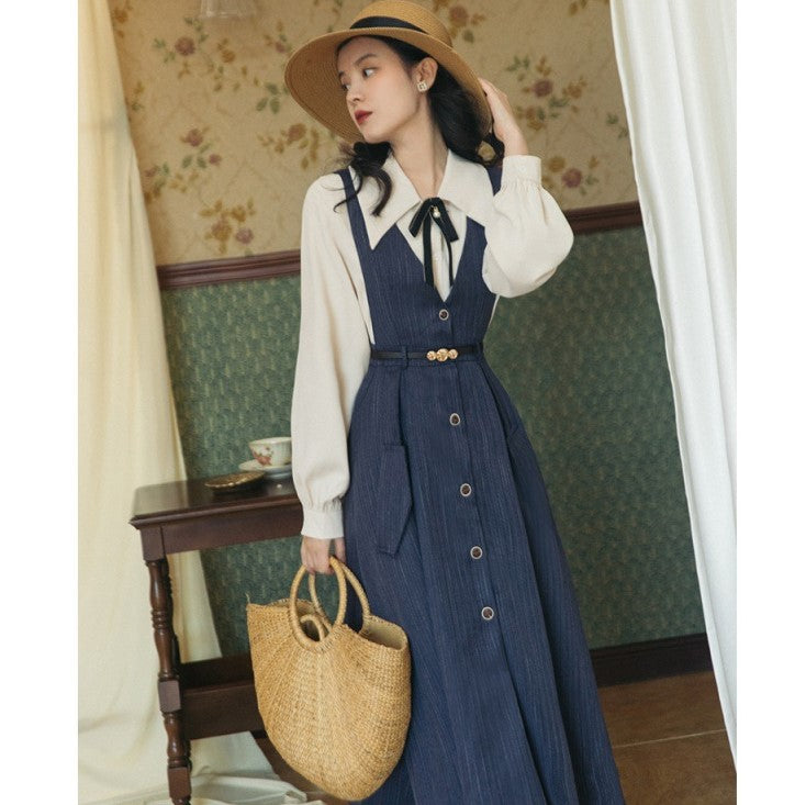 Retro Academia Blouse Pinafore Dress Set S / Blue I Retro Fairy Retro Academia Blouse Pinafore Dress Set S / Blue I Retro Fairy