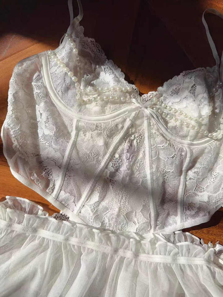 Vintage Bridal Lace Lingerie Set with Pearl Chain