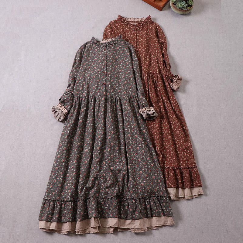 Cottagecore Floral Ruffled Dress Dark Grey I Retro Fairy