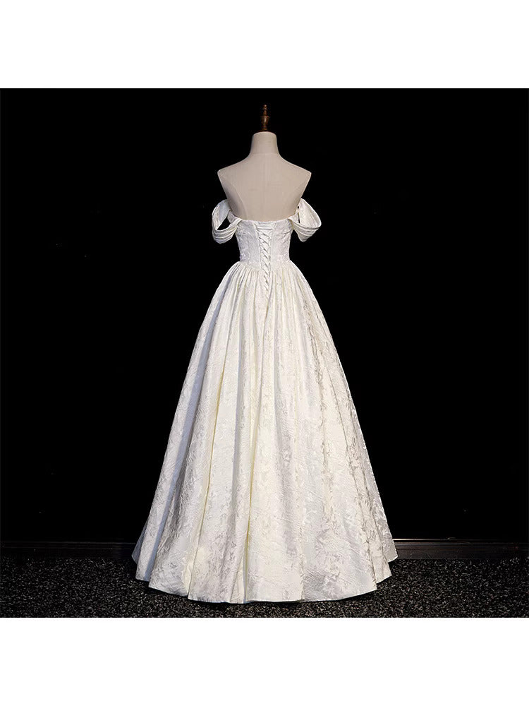 Retro Off Shoulder A-line Satin Bridal Gown Wedding Dress