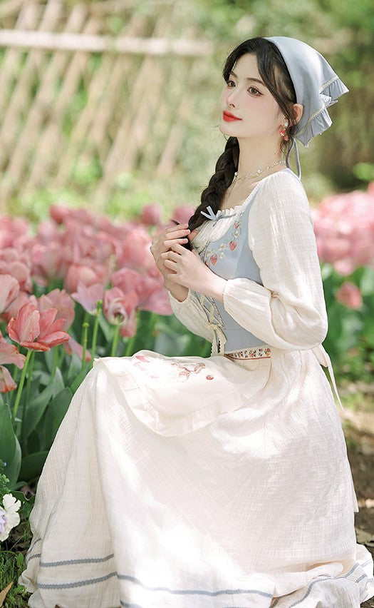 Cottagecore Embroidery Lace up Dress