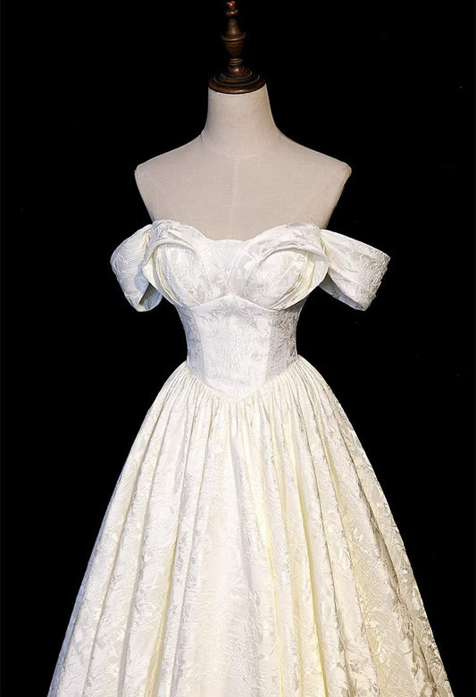 Retro Off Shoulder A-line Satin Bridal Gown Wedding Dress