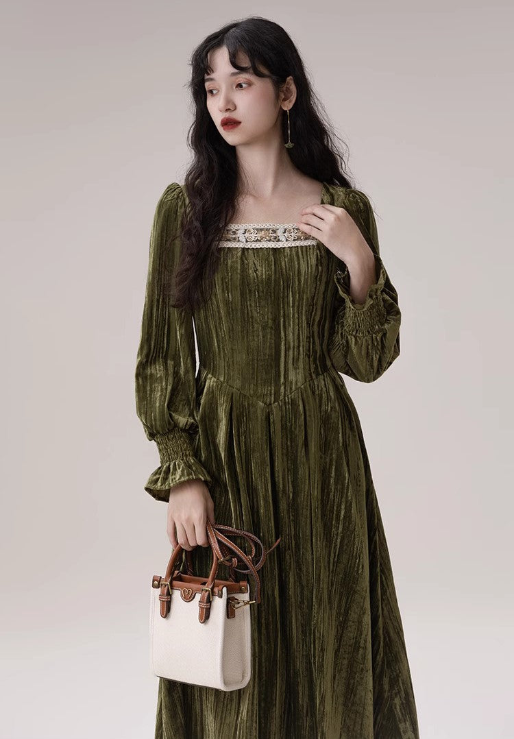 Square Collar Velvet Furry Sleeve Backless Party Midi Dresses