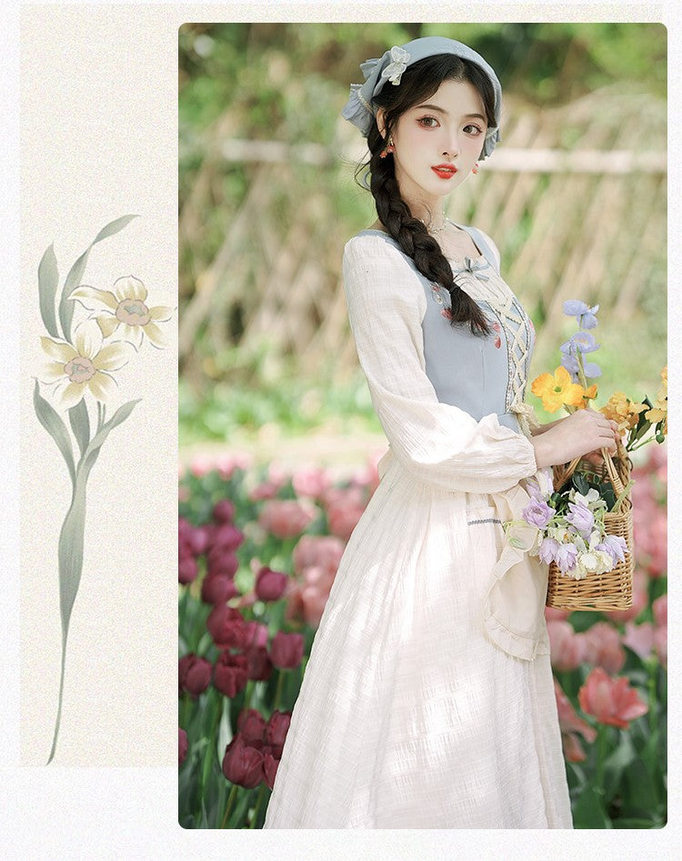 Cottagecore Embroidery Lace up Dress