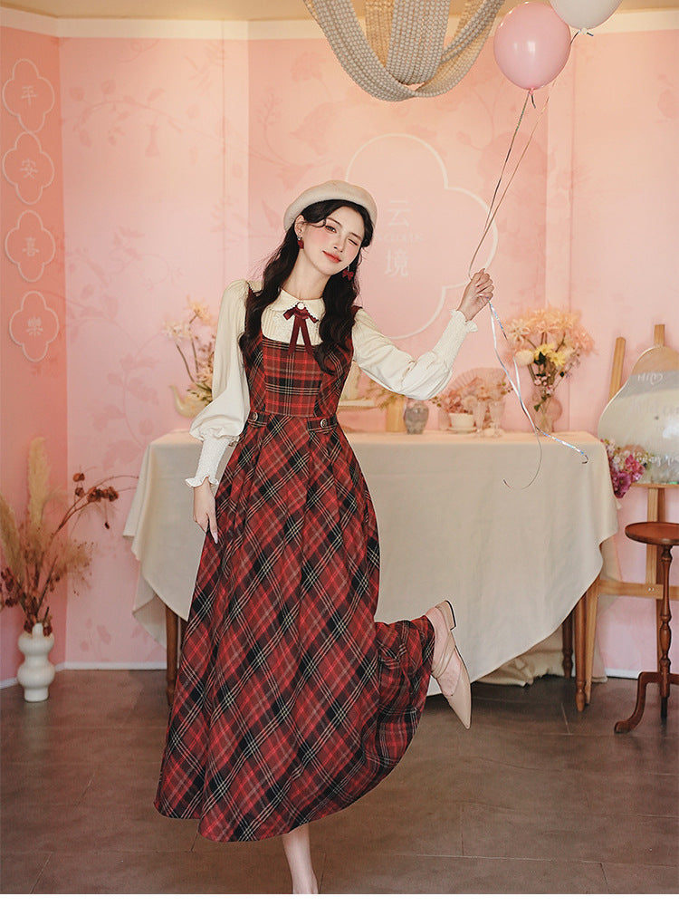 Retro Academia Tartan Blouse Pinafore Dress Set