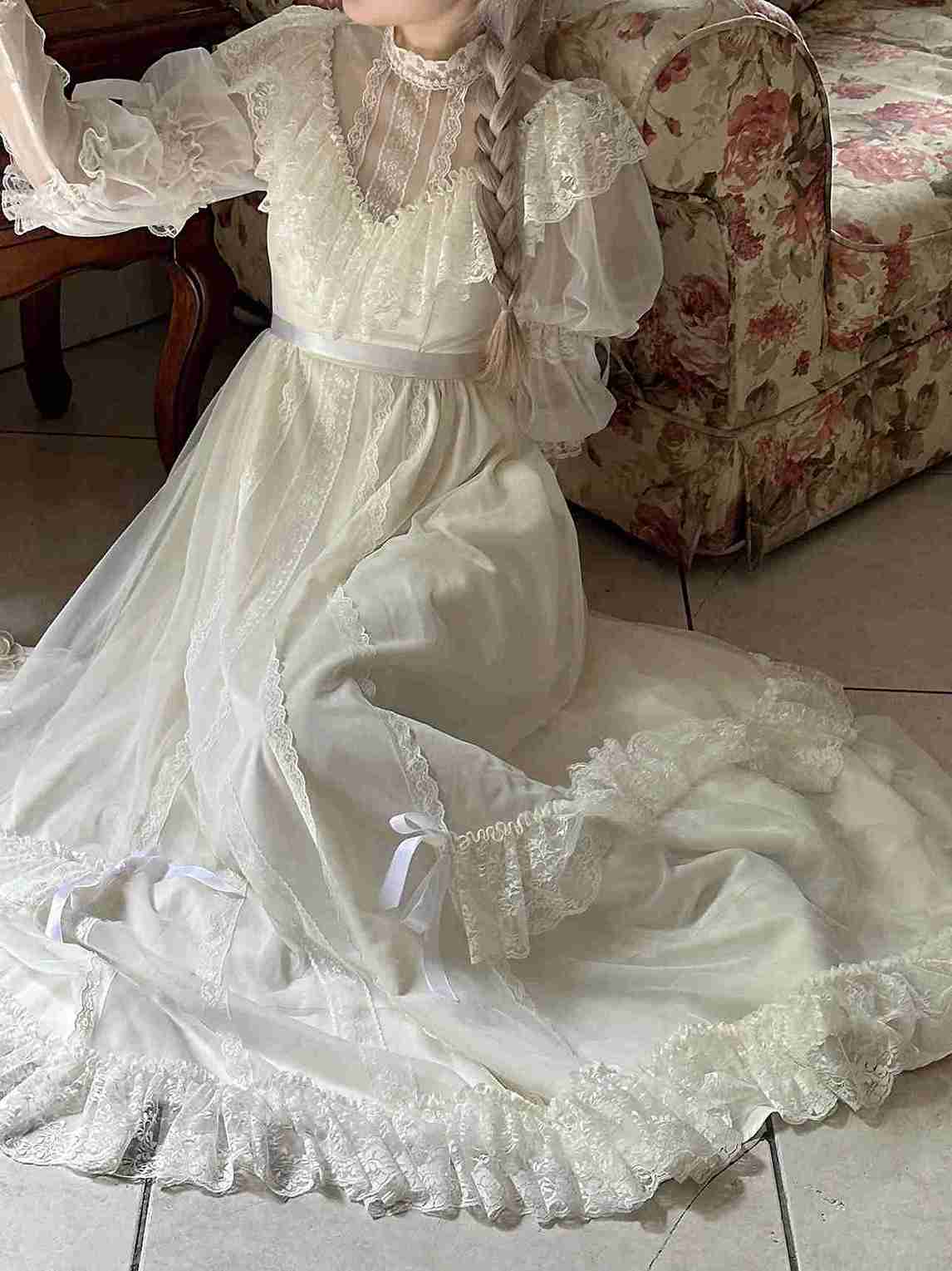 1900s Lace Panel Stand Collar Princess Dress Maxi / L I Retro Fairy 1900s Lace Panel Stand Collar Princess Dress Maxi / L I Retro Fairy