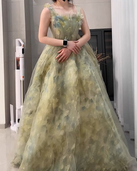 Fairycore Sleeveless Flower Mesh Lace up Prom Dress