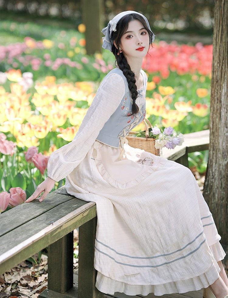 Cottagecore Embroidery Lace up Dress