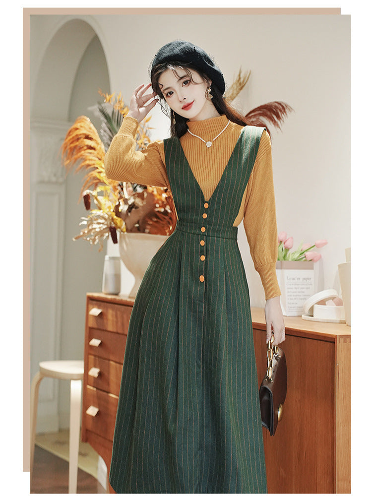 Retro Parisian Knit Top & Pinafore Dress Set