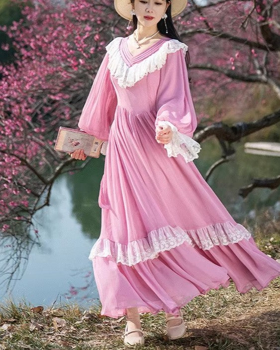 Retro Court Style Lace-trimmed Lantern Sleeve Dress S I Retro Fairy