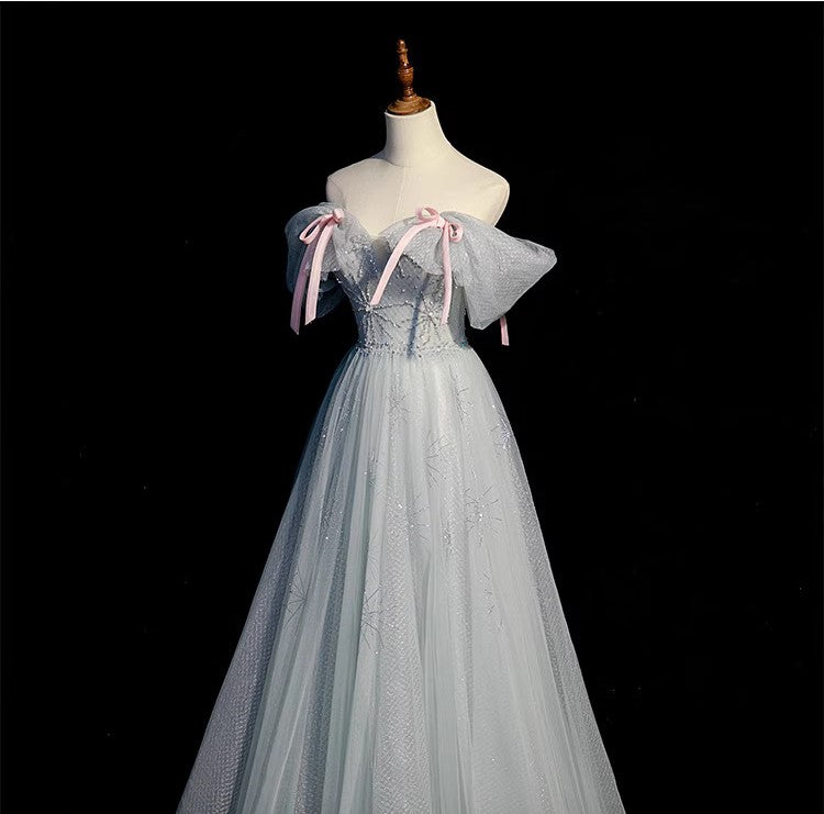 Trendy Blue Off-The-Shoulder Junior Tulle Princess Prom Gown JTE835