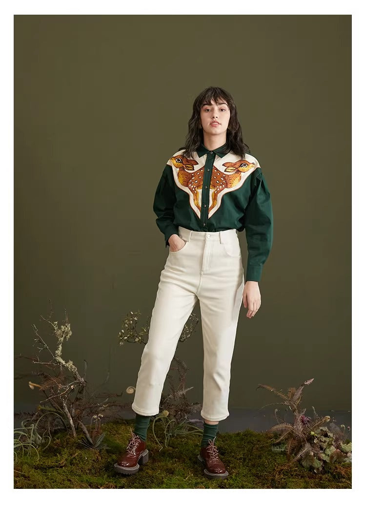 Retro Deer Embroidery Blouse Top