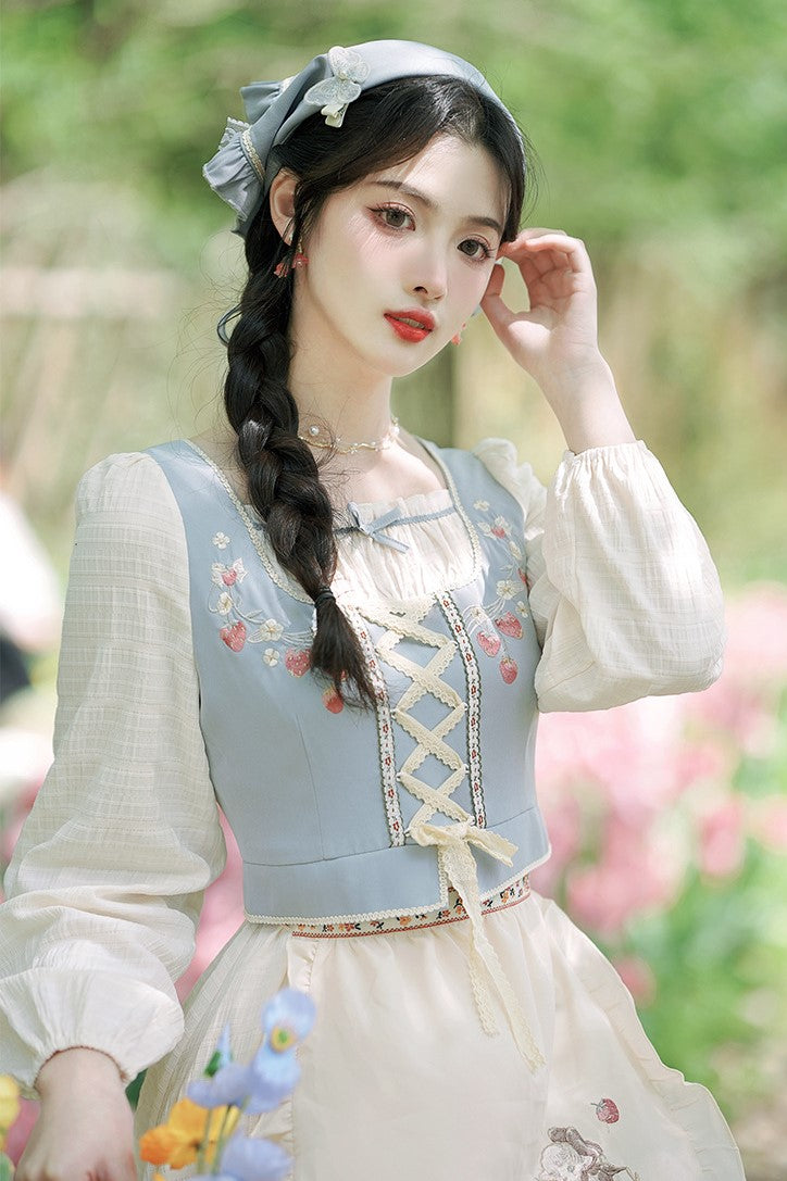 Cottagecore Embroidery Lace up Dress