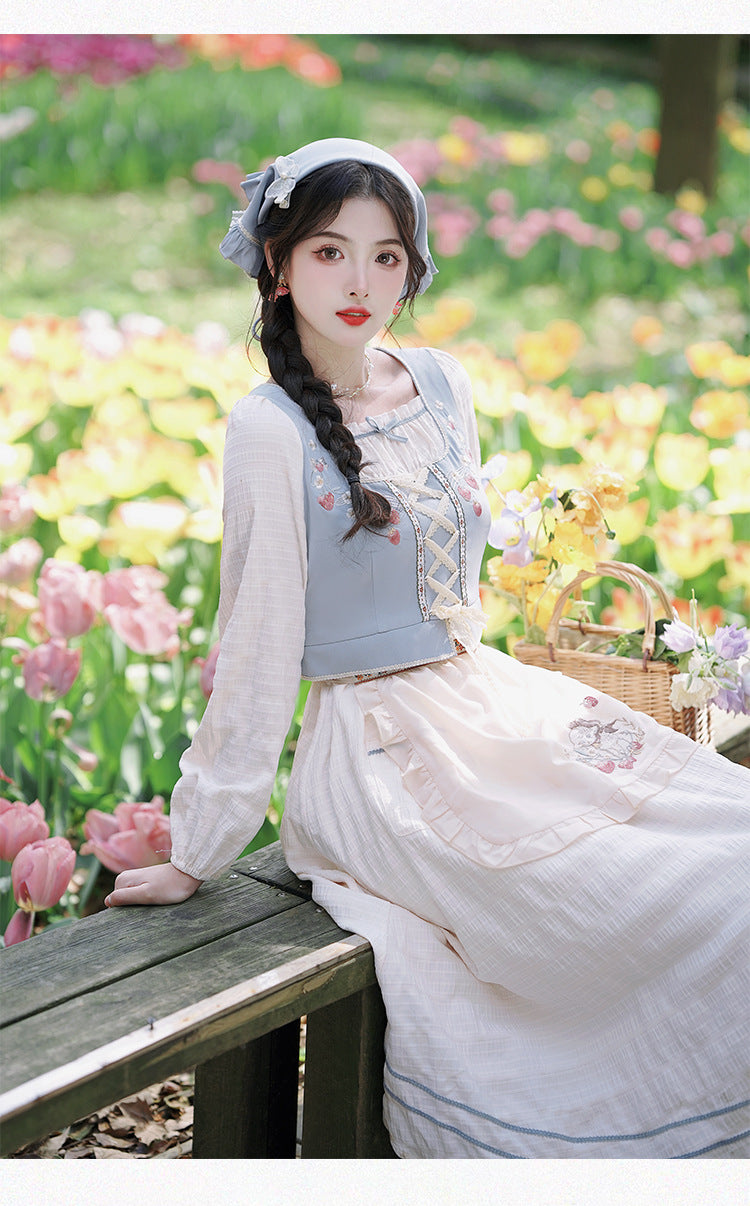 Cottagecore Embroidery Lace up Dress