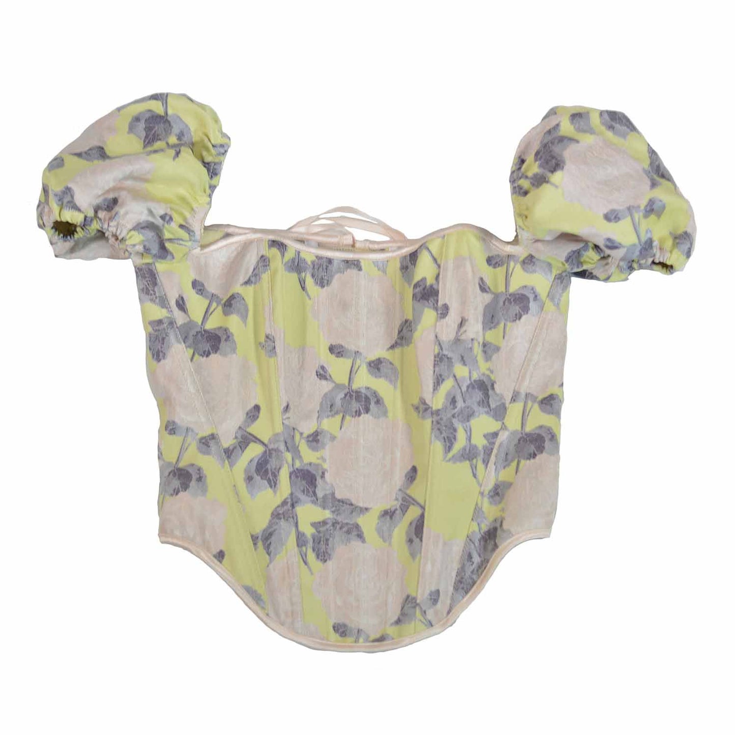 A vintage-style sheer mesh corset top with puff sleeves, featuring a yellow-green and gray floral pattern on a white background.
