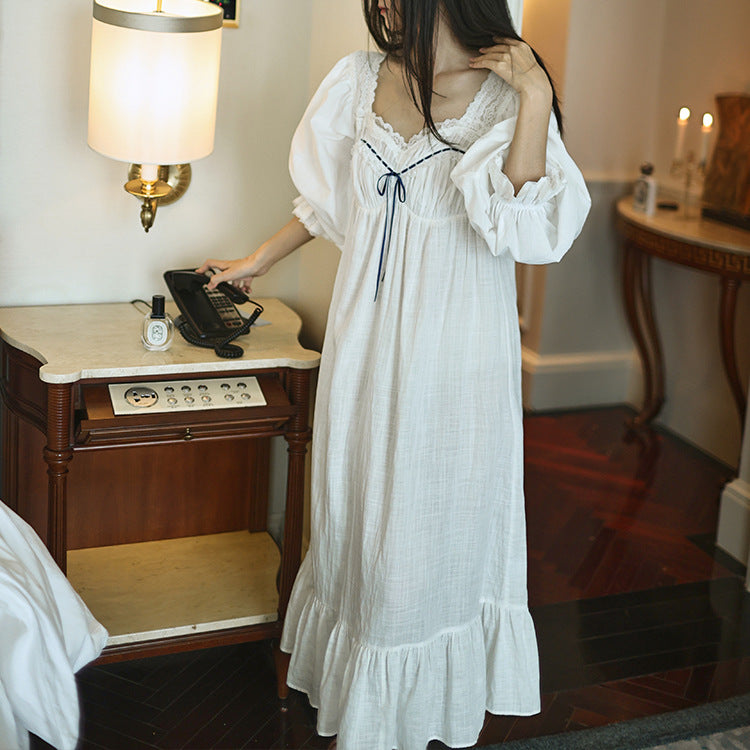 Vintage Style Puff Sleeves Cotton Night Gown Dress