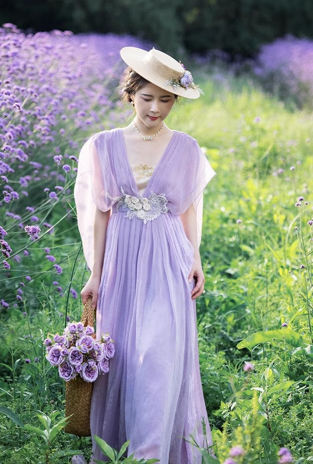 Retro Fairycore Embroidery Lavender Dress