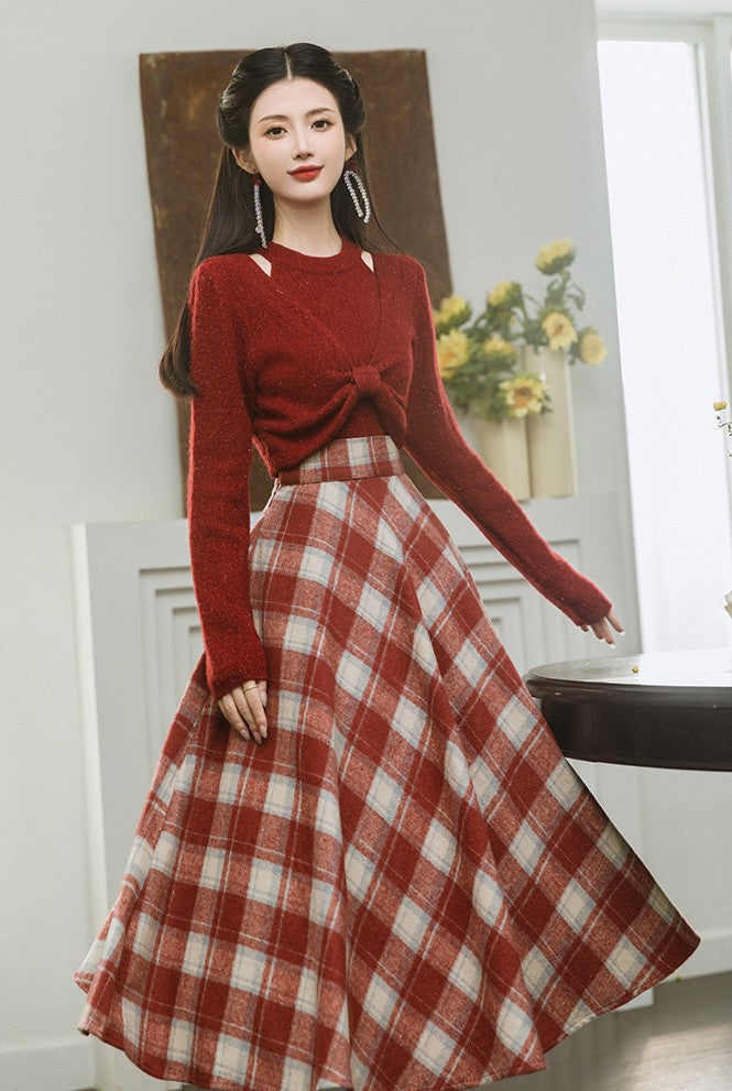Academia Knit Top Plaid Skirt Set – Retro Fairy - Main Image