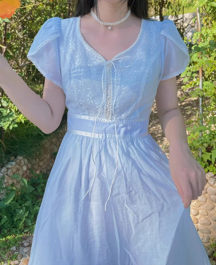 Gunne Sax Remake Pastel Lace Trim 70s Dress  Retro Fairy