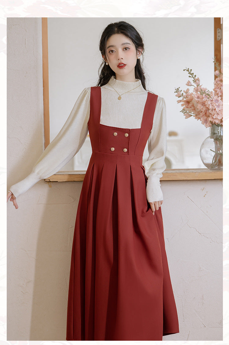 Retro librarian Knit top Pinafore Dress Set