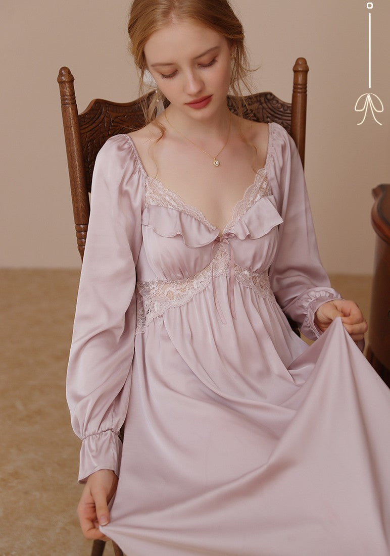 Retro French-style ice silk Night Gown Loungewear Light Purple / M I Retro Fairy Retro French-style ice silk Night Gown Loungewear Light Purple / M I Retro Fairy