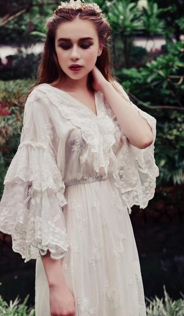 Fairycore V Neck Lace Dress M (Length- 51 inches/ 130cm) I Retro Fairy Fairycore V Neck Lace Dress M (Length- 51 inches/ 130cm) I Retro Fairy