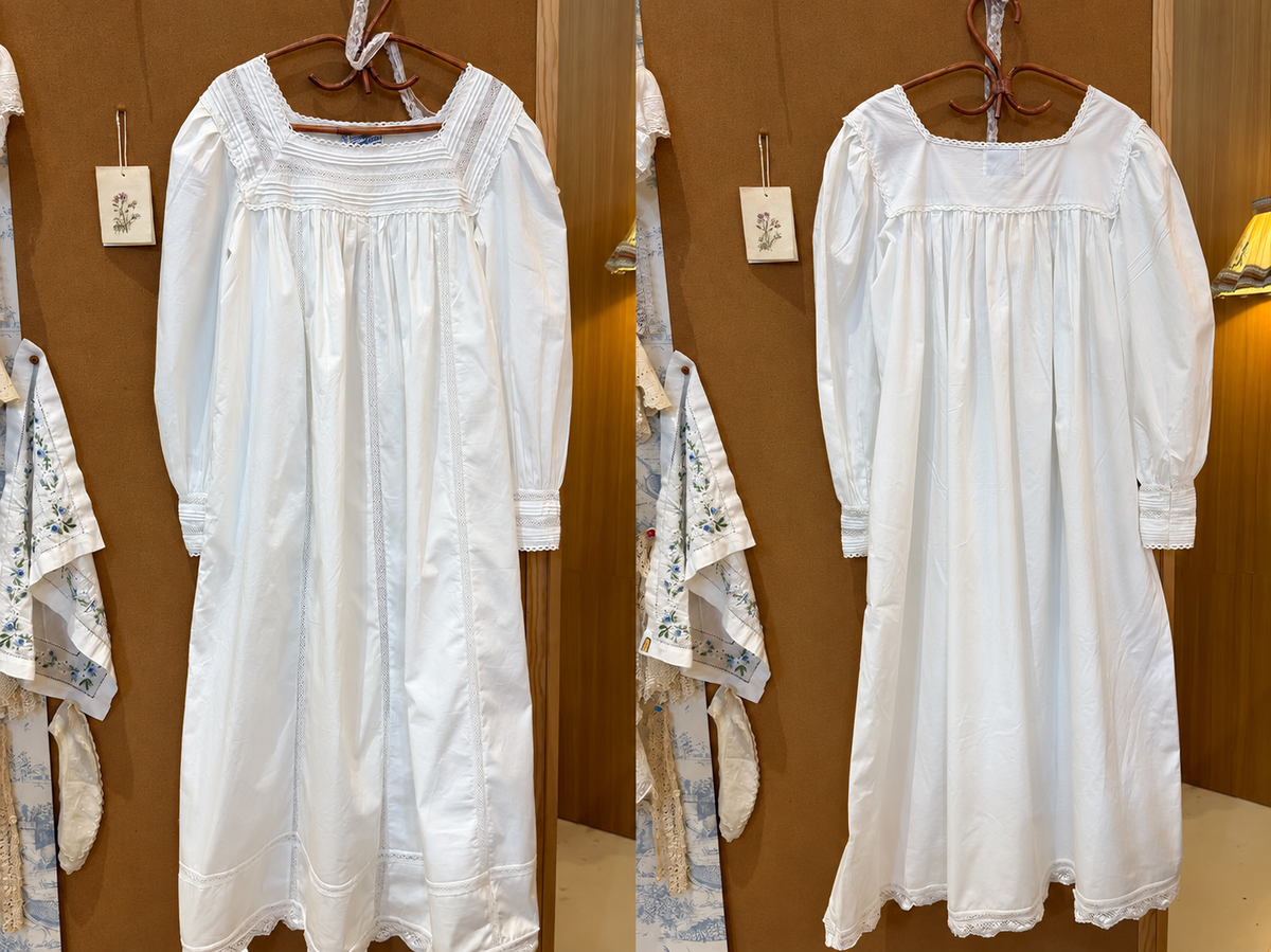 Retro French Style Cotton Nightgown with Lace and Embroidery