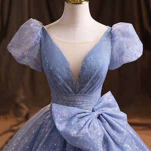 Retro Princess Puff Sleeves Blue Prom Evening Dress