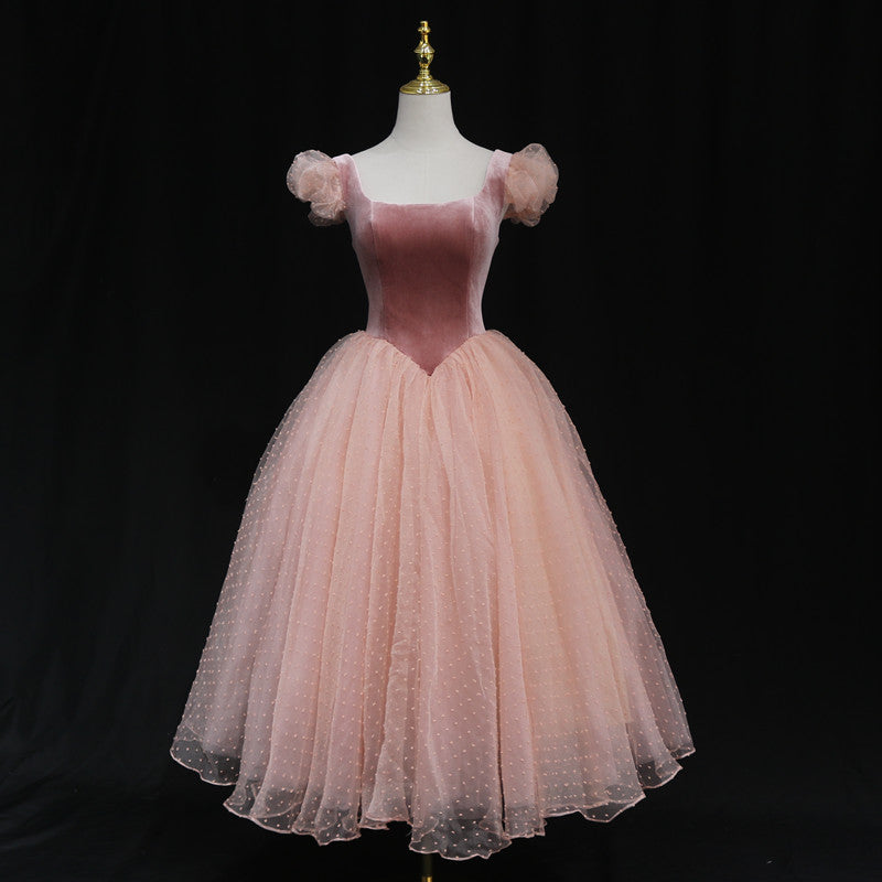 Retro Princess Pink Puff Sleeves Prom Evening Dress