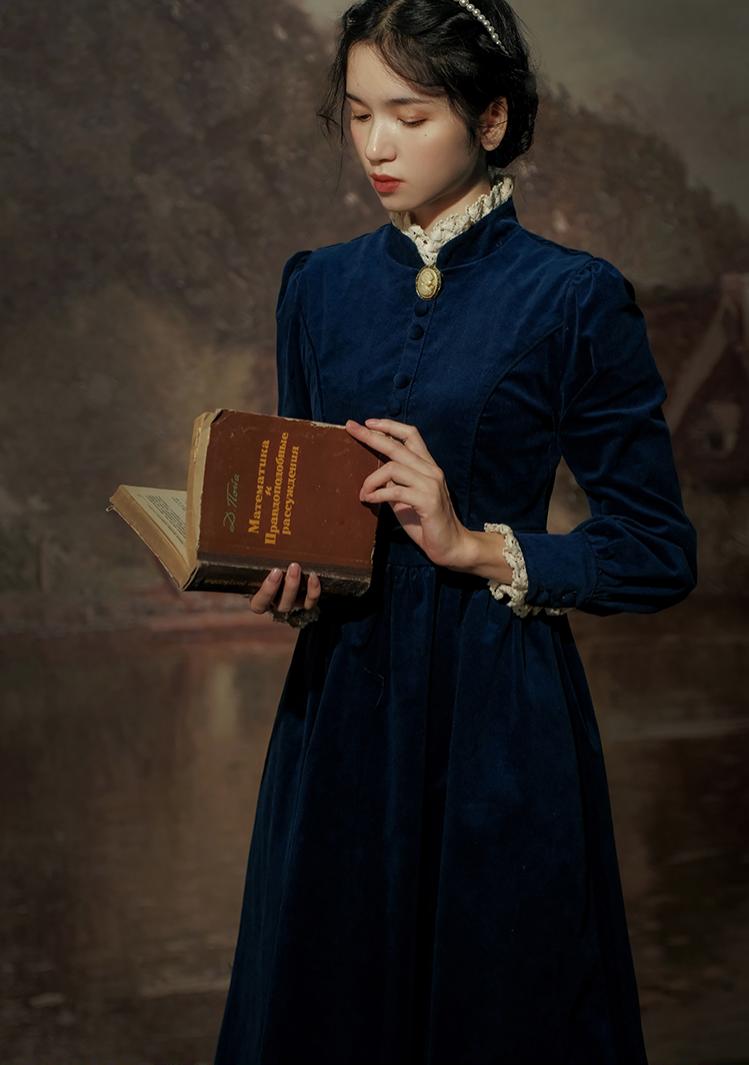1900s Style Stand Collar Vintage Dress Dark Blue / L I Retro Fairy 1900s Style Stand Collar Vintage Dress Dark Blue / L I Retro Fairy