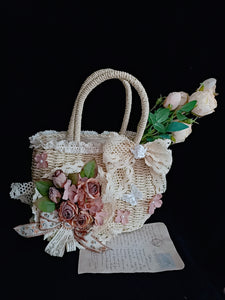 Handmade Cottagecore Flower Decor Straw Handbag Purse