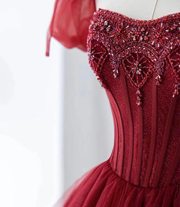 Handmade Retro Princess Tulle Embellished Red Prom Evening Dress