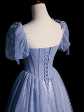 Load image into Gallery viewer, Handmade Retro Princess Puff Sleeves Studded Blue Prom Dress
