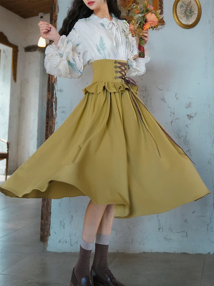 Cottagecore Puff Sleeves Blouse & Lace up Skirt