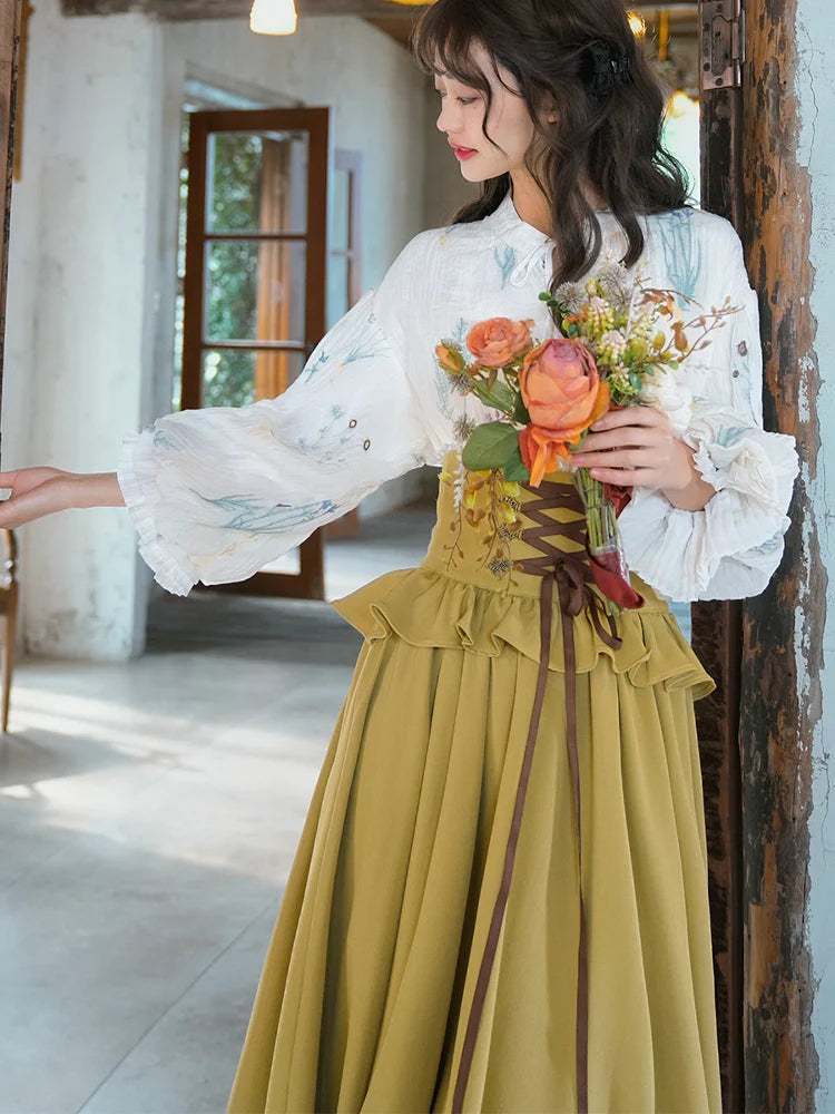 Cottagecore Puff Sleeves Blouse & Lace up Skirt