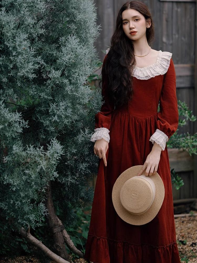 Vintage Ruffled Collar Red Dress Retro Fairy