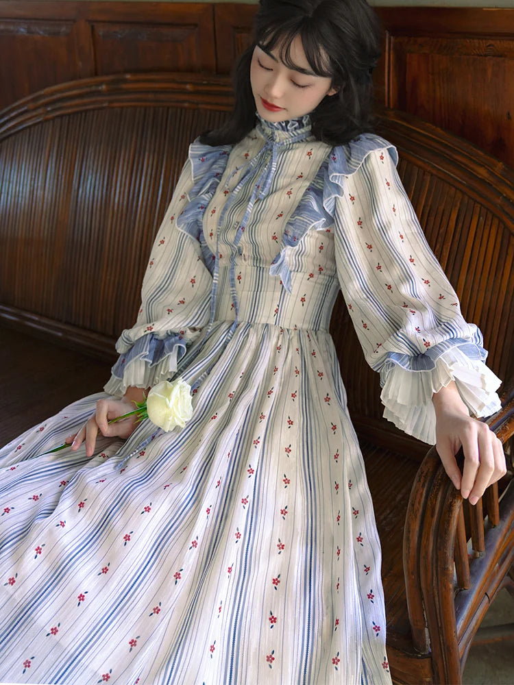 Vintage Ruffled Stand Collar Tea Dress S