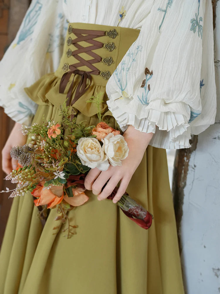 Cottagecore Puff Sleeves Blouse & Lace up Skirt