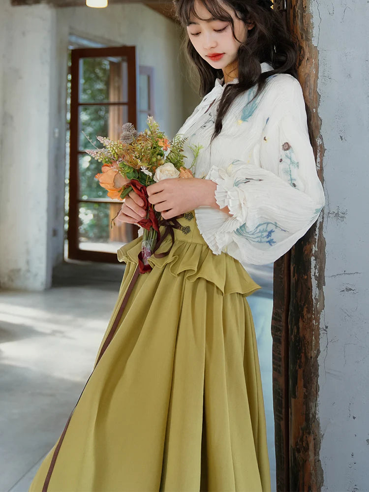 Cottagecore Puff Sleeves Blouse & Lace up Skirt