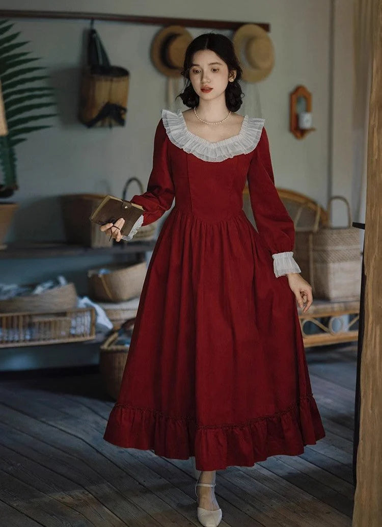 Vintage Ruffled Collar Red Dress L I Retro Fairy