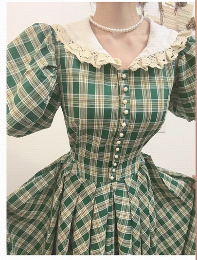 Vintage Plaid Puff Sleeve Tea Dress M / Yellow I Retro Fairy Vintage Plaid Puff Sleeve Tea Dress M / Yellow I Retro Fairy