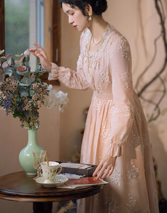 Period Drama Style High Waist Embroidery Vintage Dress